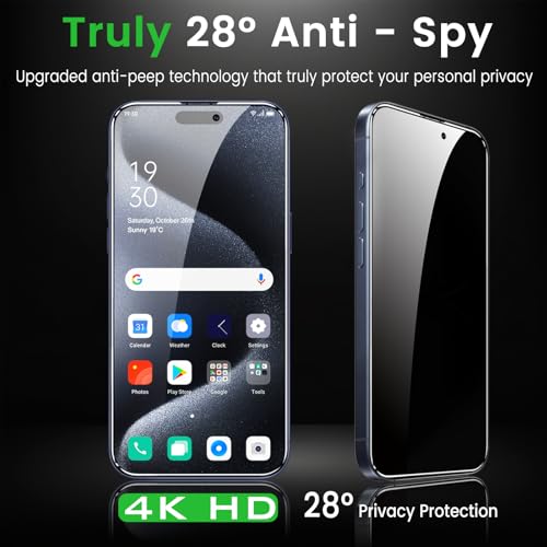 Romkasi 4 Pack Privacy Screen Protector for iPhone 15 Pro 6.1 Inch with 4 Pack Camera Lens Protector, Anti Spy Tempered Glass Film, Anti-Scratch, Touch Sensitive, Case Friendly - color: iPhone 15 Pro
