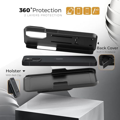 MOTIVE for iPhone 14 Case with Belt Clip, Rigid, Kickstand | 6.1" | Ranger v1 Series, Black, 360° holster, open-top/open-bottom port access, textured grip, slim - size: iPhone 14