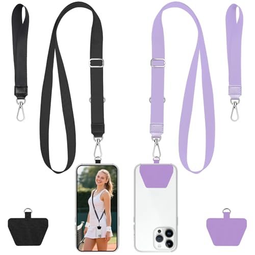 takyu Phone Lanyard, 2 Pack Adjustable Anti-Drop Neck/Wrist Strap with 2 Pcs Tether Patches, Secure Hands-Free Compatible for iPhone Samsung Perfect for Nurses, Teachers, Travel, Hiking Black+Qpurple - color: Black + Qpurple
