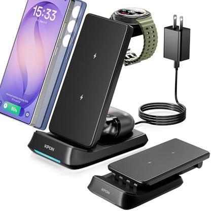 KPON 3 in 1 Charging Station for Samsung, Wireless Charger for Thick Cases, Foldable Phone and Watch Charger Stand for Galaxy S26/S25/S25 Ultra/S24/Android Devices, Galaxy Watch Not for watch9/ultra2