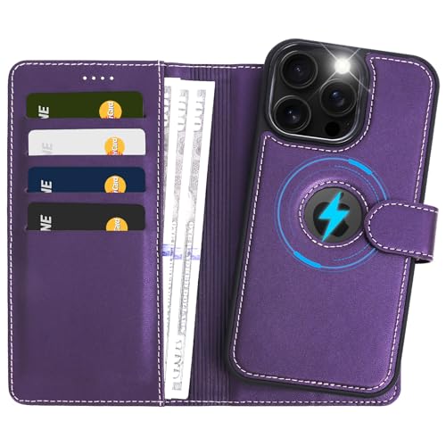 2 in 1 PU Leather for iPhone 14 Pro Max Case, Detachable Wallet Case with Card Holder, Removable Flip Folio Cover with RFID Blocking, Stand Shockproof Phone Cover（Compatible with MagSafe） Purple - color: Purple, size: Iphone 14 pro max