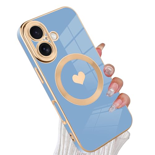 tharlet Magnetic for iPhone 17 Case Cute Love Heart Luxury Plating | [Compatible with Magsafe] with Full Camera Lens Protection and screen protector, Gift giving & daily matchingBlue - color: Blue Love Heart, size: iPhone 17