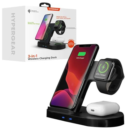 HyperGear 3-in-1 Wireless Charging Station - Phone Charger Stand for Multiple Devices with 10W Fast Charge, Phone & Watch Charger Station for iPhone, Android & AirPods