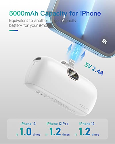 Kuulaa Small Portable Charger iPhone with Built-in Lightning Cable 5000mAh Power Bank Fast Charging for iPhone 14/13/13 Pro/12/12 Pro/11/XR/XS/X/8/7/6, White - color: White