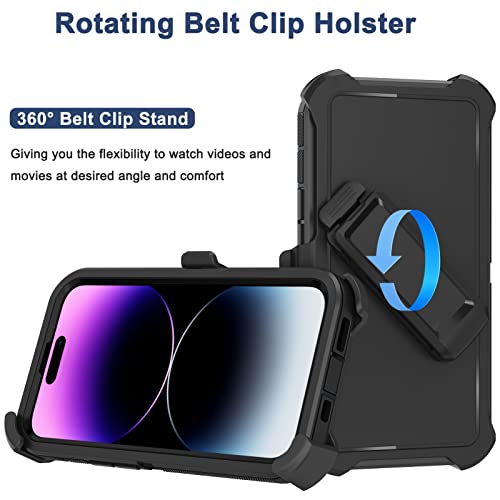 for iPhone 14 Pro Case with Screen Protector x2, Belt Clip Holster Heavy Duty Military Grade Full Body Shockproof Dust-Proof Rugged Protective Cover for Apple iPhone 14 Pro (Black) - color: Black