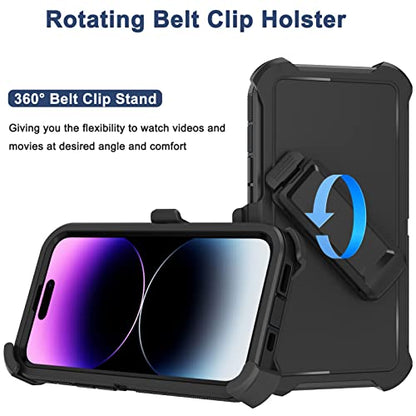 for iPhone 14 Pro Case with Screen Protector x2, Belt Clip Holster Heavy Duty Military Grade Full Body Shockproof Dust-Proof Rugged Protective Cover for Apple iPhone 14 Pro (Black) - color: Black