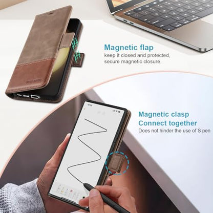 KEZiHOME Genuine Leather Wallet Case for Samsung Galaxy S25 Ultra | Gray/Brown, RFID Blocking, S25 Ultra Wallet Case, Card Slot, Flip, Magnetic Stand Phone Cover Compatible with S25 Ultra - color: Gray/Brown, size: Galaxy S25 Ultra Case
