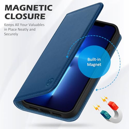 SHIELDON Genuine Leather Wallet Case for iPhone 13 6.1" 2021, Royal Blue | RFID Blocking, Credit Card Holder, Magnetic Closure, Kickstand, Folio Design, Shockproof Phone Cover - color: Royal Blue