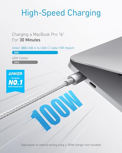 Anker USB C to USB C Cable, 100W Fast Charging Cable(1-Pack, 10 ft, Silver) - color: Sliver, size: 10ft