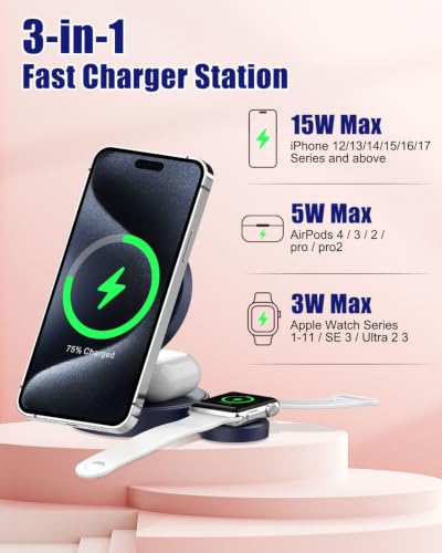 3-in-1 Magnetic Wireless Charger for iPhone, Apple Watch & AirPods, Blue - color: Blue