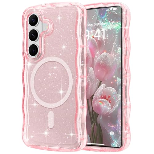 Pepmune Magnetic for Samsung Galaxy S26 Case Clear, Sparkly Bling Glitter Cute Curly Wave Cover for Women Men Compatible with MagSafe TPU Shockproof Protective Phone Case for Samsung Galaxy S26, Pink - color: Pink, size: Samsung Galaxy S26