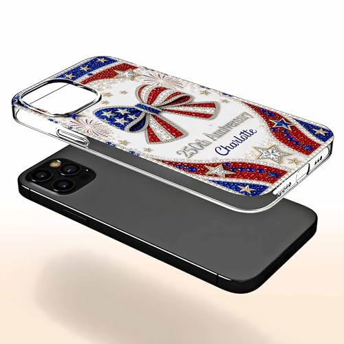 USA Anniversary Sparkling Bow, Personalized Clear Phone Case, Gift for Her