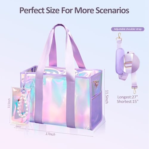Iridescent Beach Bag for Women, 26L Extra Large Clear Waterproof Sandproof Tote Bag, Zipper Closure with Touchscreen Phone Pouch Adjustable Crossbody Strap for Beach Pool Travel Gym Vacation