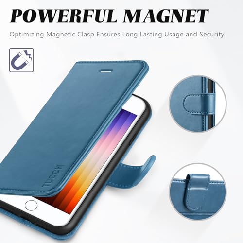 TUCCH Wallet Case for iPhone SE 2022/ iPhone 7/8/iPhone SE 2020, Lake Blue | 3 Card Holders, Kickstand, PU Leather, Shockproof TPU Shell, Magnetic Closure, Protective Folio Cover - color: Lake Blue