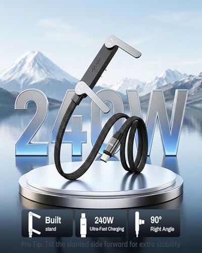 240W USB C to USB C Ultra Fast Charging Cable with Invisible Stand Flat Phone Charger 90 Degree Right Angle Plug T Shaped Foldable Stand Multi Functional Cord Black 4.9 Ft (1 Pack
