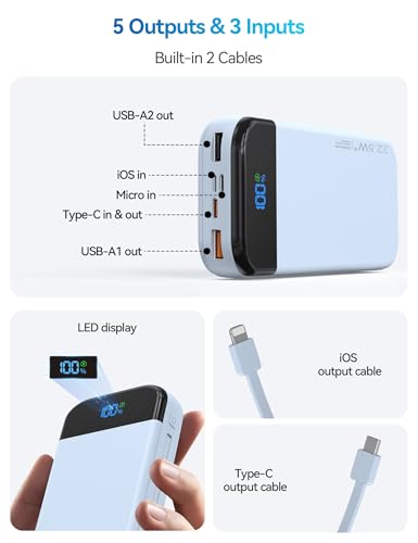 Phone Battery Bank 32000mAh 22.5W w/Built-in Cables & USB C Fast Charging - color: Blue