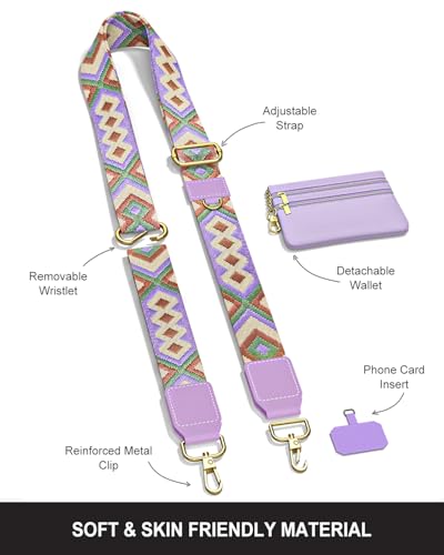 Nipichsha Crossbody Phone Strap with Wallet, Clip and Go Strap for Phone - color: Purple Geometry