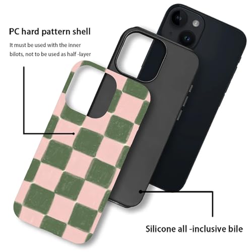 ZHEGAILIAN Case Compatible with iPhone 13/14,Pink and Green Checkered Design Phone Case, Matte Mixed Double-Layer Hard Shell+Soft Silicone TPU Shock Protective - color: Pink and green checkered, size: iPhone 13/14