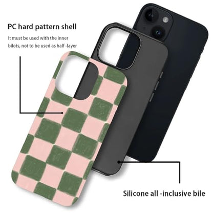 ZHEGAILIAN Case Compatible with iPhone 15,Pink and Green Checkered Design Phone Case, Matte Mixed Double-Layer Hard Shell+Soft Silicone TPU Shock Protective - color: Pink and green checkered, size: iPhone 15