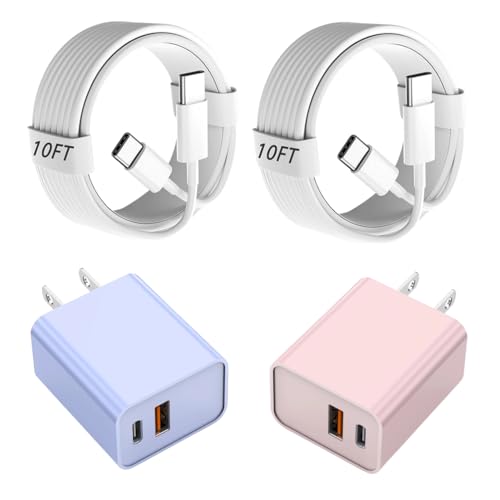2Pack iPhone 17 Fast Charger,20W Dual USBA+C QC Wall Charger with 10FT Cord - color: Purple/Pink