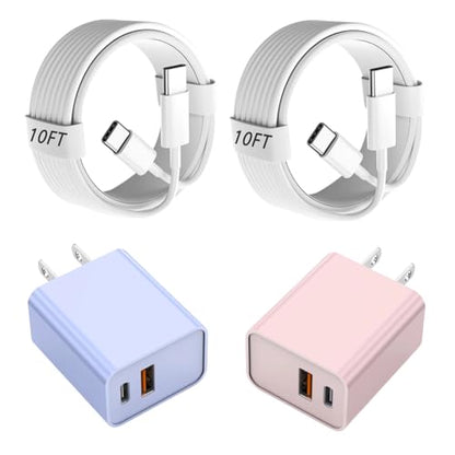 2Pack iPhone 17 Fast Charger,20W Dual USBA+C QC Wall Charger with 10FT Cord - color: Purple/Pink