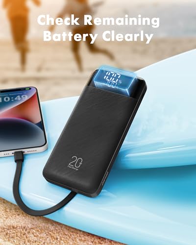 charmast Portable Charger Built-in Cables, 20000mAh Power Bank 6-Output | Travel Fast Charging Battery Pack for iPhone 17/16/15 Samsung Android, Flight-Approved, Multi-Device, USB-C & USB-A, LED % - color: Black