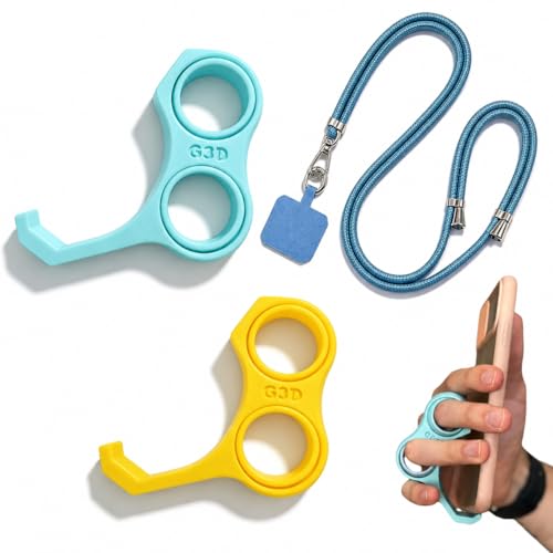 3D Printed Phone Finger Holder- 360° Rotatable Ring to Prevent Pinky/Ring Finger Strain,Stand for Back of Phone &a Bonus Phone Lanyard,Hand Grip for Mobile Devices. (2, Yellow&Light Blue) - color: Yellow&light blue