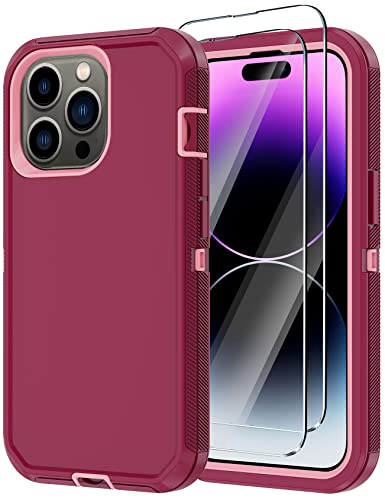 for iPhone 14 Pro Max Case with 2 Screen Protector,Heavy Duty Shockproof Drop Protection Rugged 3-Layer Military Tough Durable Protective Cover for Apple iPhone 14 Pro Max6.7 (Burgundy) - color: Burgundy