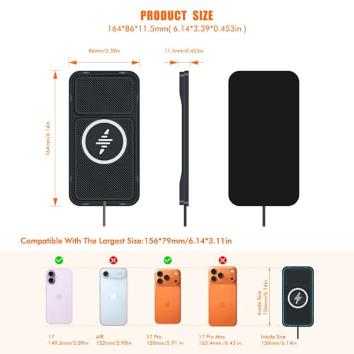 Wireless Car Charger Pad for iPhone 17/16/15/14/13/12 Pro & Samsung, Non Slip Wireless Charging Pad for Car Dashboard Console, USB A Phone Charger for Vehicle Commute Travel, Fits Small Phones