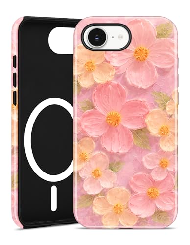 Jusy Magnetic Oil Painting Flower Floral Case for iPhone 16e/17e, Pink | Compatible with MagSafe, Cute Aesthetic Flower Design, TPU and PC Protective Phone Cover - color: Pink Oil Painting Flower