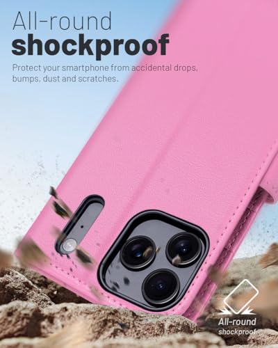 OCASE Compatible with iPhone 17 Pro Wallet Case, PU Leather Flip Folio Case with Card Holders RFID Blocking Kickstand [Shockproof TPU Inner Shell] Phone Cover 6.3 Inch 2025, Pink - color: Pink