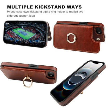 ONETOP for iPhone 17e/16e Wallet Case with Credit Card Holder,Brown | 360° Rotation Ring Kickstand,Finger Grip,Double Magnetic Clasp,RFID Blocking PU Leather Shockproof Cover for Women Men - color: Brown