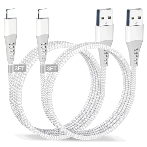 Phone Charger Cord 3FT 2Pack USB Lighting Cable Nylon Braided Phone Charger Fast Charging Cord Phone Cords Compatible with Phone 14 13 12 11 Pro Max XS Max XR 8 Pad, White