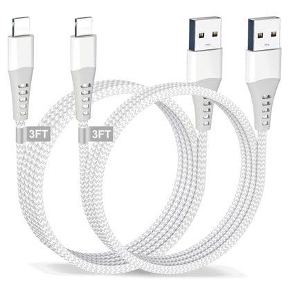 Phone Charger Cord 3FT 2Pack USB Lighting Cable Nylon Braided Phone Charger Fast Charging Cord Phone Cords Compatible with Phone 14 13 12 11 Pro Max XS Max XR 8 Pad, White