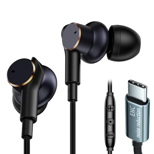 USB C Wired Headphones with Noise-Canceling Mic Powerful Bass In ear Earbud
