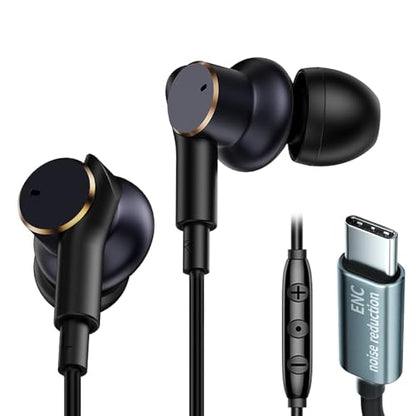 USB C Wired Headphones with Noise-Canceling Mic Powerful Bass In ear Earbud
