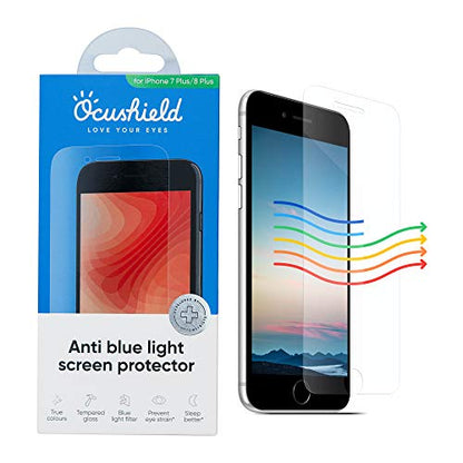 Ocushield Anti Blue Light Tempered Glass Screen Protector of iPhone 7 Plus & iPhone 8 Plus (5.5") – Blocks Blue Light, Prevents Eye Strain & Helps You Sleep Better, 9H Hardness & Case Friendly - size: iPhone 7 | 8 Plus