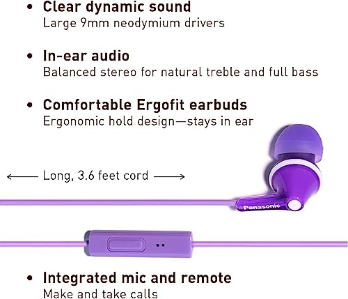 PANASONIC ErgoFit Earbud Headphones with Microphone and Call Controller Compatible with iPhone, Android and Blackberry - RP-TCM125-V - In-Ear (Purple), Violet, 7 x 2 x 2 inches - color: Purple, size: S/M/L, style: With Mic