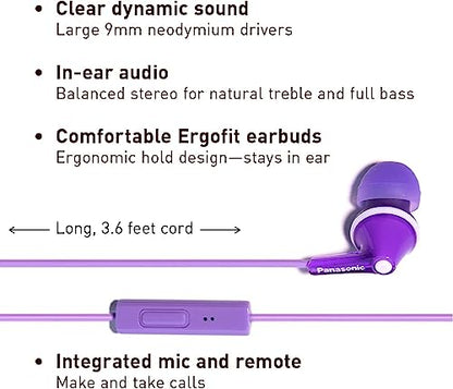 PANASONIC ErgoFit Earbud Headphones with Microphone and Call Controller Compatible with iPhone, Android and Blackberry - RP-TCM125-V - In-Ear (Purple), Violet, 7 x 2 x 2 inches - color: Purple, size: S/M/L, style: With Mic