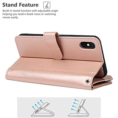 iCoverCase for iPhone X/XS Wallet Case with Card Holder and Wrist Strap, PU Leather Kickstand Card Slots Zipper Pocket Magnetic [Detachable] Flip Cover Case 5.8 Inch (Rose Gold) - color: Rose Gold