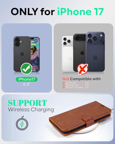 OCASE for iPhone 17 Wallet Case, Card Holder, Brown | RFID Blocking, Kickstand, Magnetic Closure, PU Leather Flip Folio, Shockproof TPU Shell, Protective Phone Cover (6.3") 2025 - color: Brown