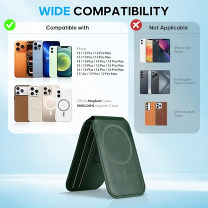 SHIELDON Genuine Leather Magnetic Wallet Stand for MagSafe, Evergreen | Strong Magnetic, 6 Card Holders, Kickstand, Rfid Blocking, Quick-access, ID Window, for iPhone 17/16/15/14/13/12 Series - color: Evergreen