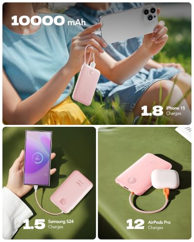 VIYISI 0.58” Slim Portable Charger Small 10000mAh with Built-in USB C Cable - color: Pink
