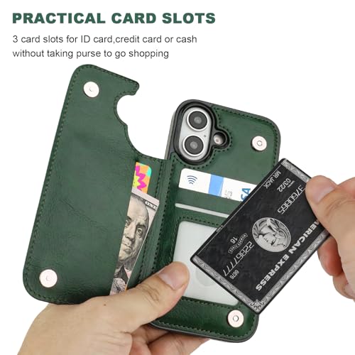 ONETOP for iPhone 16 Wallet Case with Credit Card Holder,Green | Kickstand,ID/Cash Holder,Case Wallet with Card Slots,Double Magnetic Clasp,Durable PU Leather Shockproof Cover for Women Men - color: Green