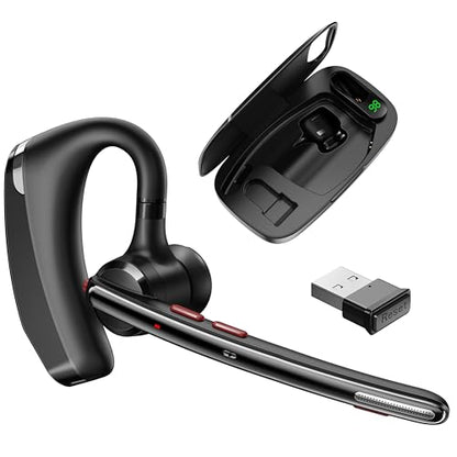 Bluetooth Headset V5.3, Wireless Headset with Dual Noise-Canceling Mics, Portable Charging Case, 300H Standby Time, Hands Free Headphones for PC/Cell Phones, Trucker/Office/Work