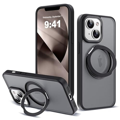 for iPhone 13/14 Case with 360° Spin Magnetic Stand,Black | iPhone 13/14 Phone Case 6.1",Spin Magnetic Ring Stand,Compatible with MagSafe,Military Protection,Translucent Matte - color: Black, size: iPhone 13 & iPhone 14