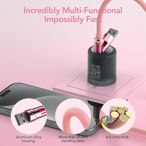 MFish 240W 4-in-1 Fast Charging Cable, Pink, 10FT - color: Pink, size: 10FT