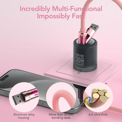 MFish 240W 4-in-1 Fast Charging Cable, Pink, 10FT - color: Pink, size: 10FT