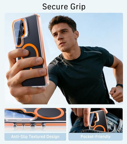 for Samsung Galaxy S26 Ultra Case with Camera Cover Stand, Full Camera Protection, Compatible with MagSafe, Drop Protection, Dust-Proof Anti-Fall Translucent Magnetic Phone Case, Clear + Orange - color: Orange