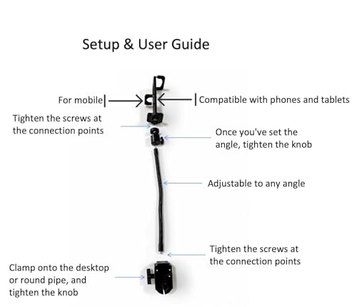 Universal Phone and Tablet Holder Mount with Flexible Gooseneck, 360° Rotation, for Mic Stands, Wheelchairs, Bikes, Treadmills, Applicable Device Width ranges 2.4"–7"